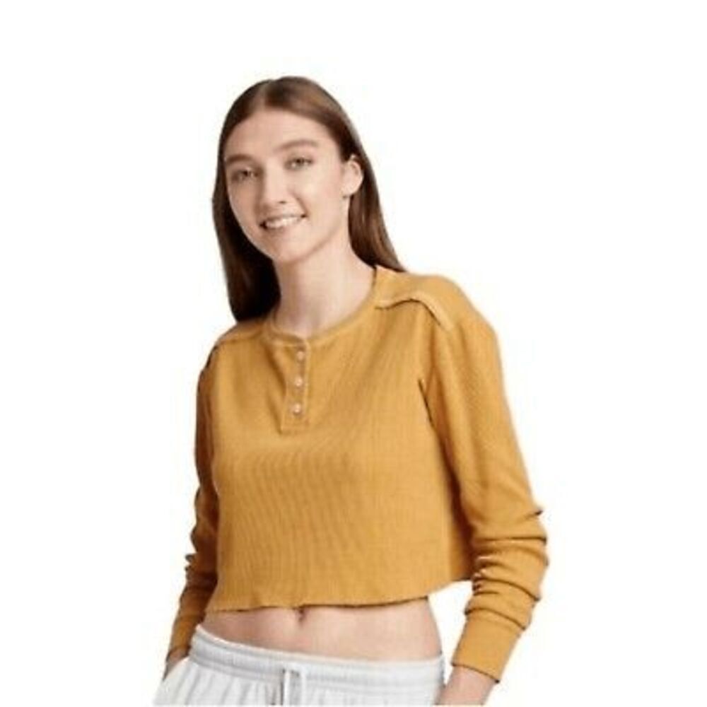 Wild Fable Henley Crop Top Womens Size S Yellow Mustard Waffle Knit Long Sleeve‎